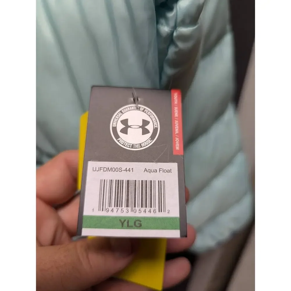 Under Armour Hood Puffer Jacket Long Sleeve Zip Front Slash Pocket aqua blue YLG